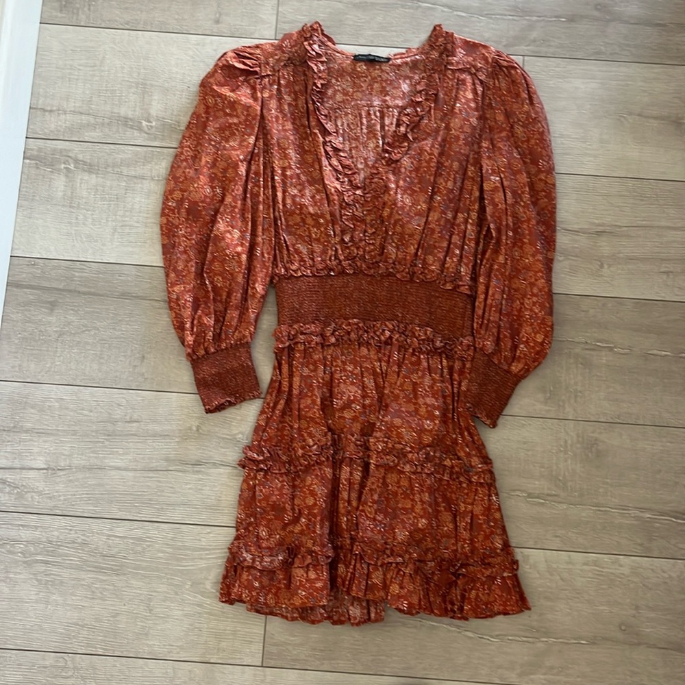 NWOT HOUSE OF HARLOW NICOLE RICHIE COPPER FLORAL DRESS SIZE L GORGEOUS RUFFLE